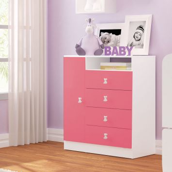 Cômoda Infantil Meu Fofinho - 1PT-4GV - Rosa & Branca | Art In Móveis