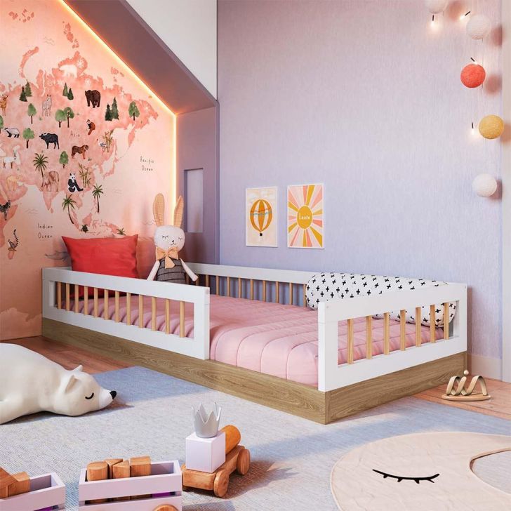 Cama Infantil Montessoriana Solteiro 84 x 195 cm Aveiro Oak Branco Jarne Completa Móveis