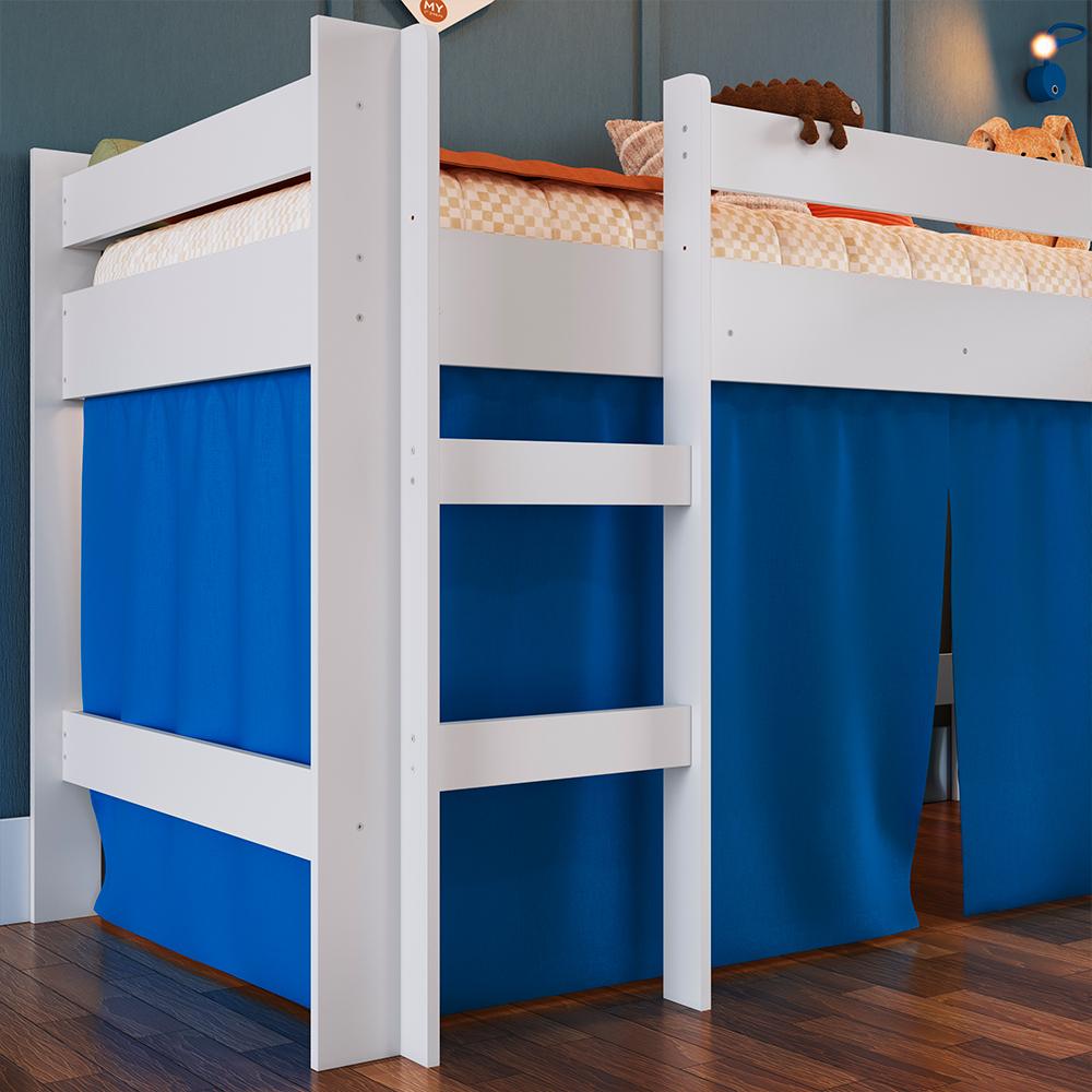 Cama Infantil Solteiro Escorregador Branco E Cortina Azul Secreto