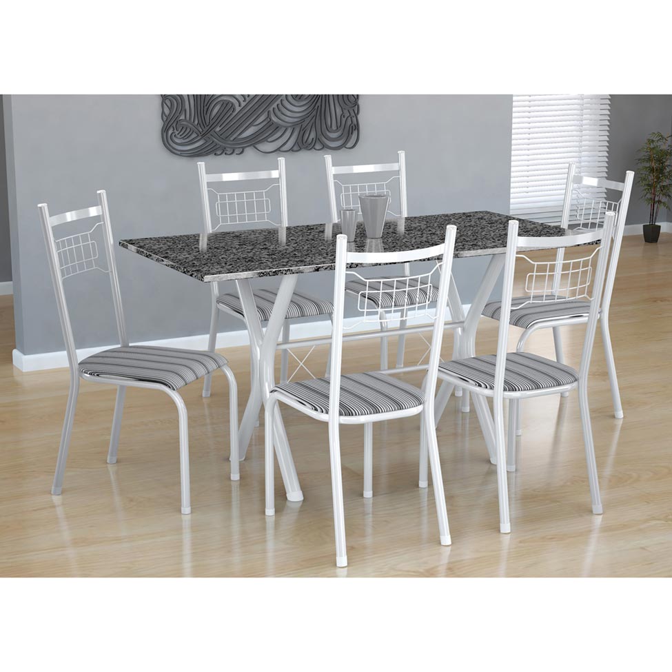 Conjunto De Mesa Miami Cadeiras Lisboa Branco Liso E Preto Listrado