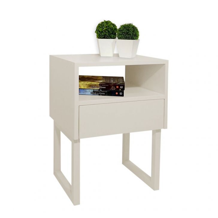 Conjunto Mesa de Cabeceira Nix com Gaveta Off White Freijó e Prateleira  Legno Marrom Mérito