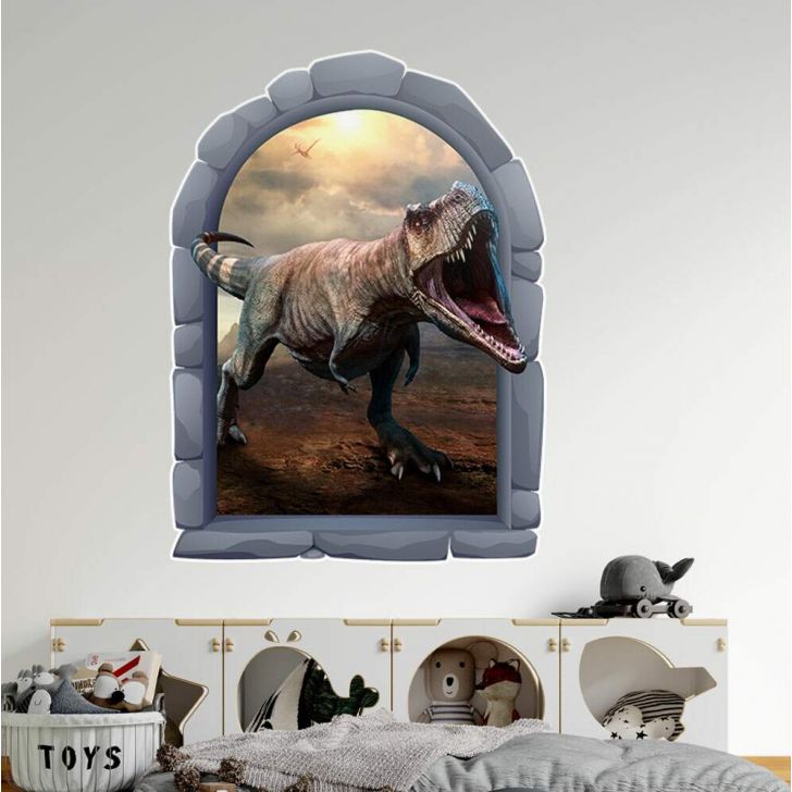 Adesivo de Parede Janela Falsa Dinossauro T-Rex- Extra Grande 85x62cm