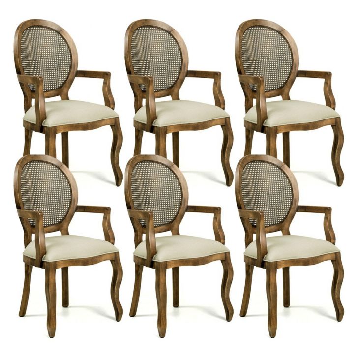 Conjunto Sala de Jantar Mesa Nepal 200cm e 6 Cadeiras com Braço Pigeon  Linho Bege/Off White G13 - Gran Belo Gran Belo GranBelo