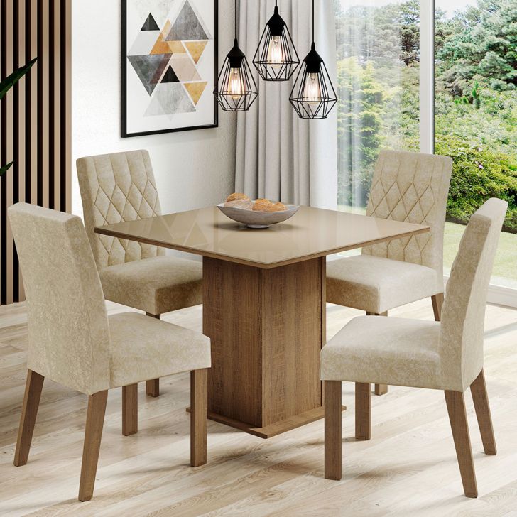 Conjunto de Mesa de Jantar Berlim II com Tampo de Vidro Off White e 4  Cadeiras Grécia Veludo Creme