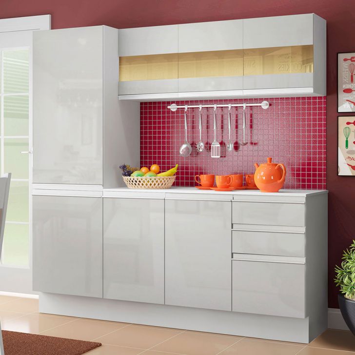 Cozinha Compacta 100% MDF Madesa Smart 170 cm Modulada Com Armário, Balcão e Tampo - Frentes Branco Brilho