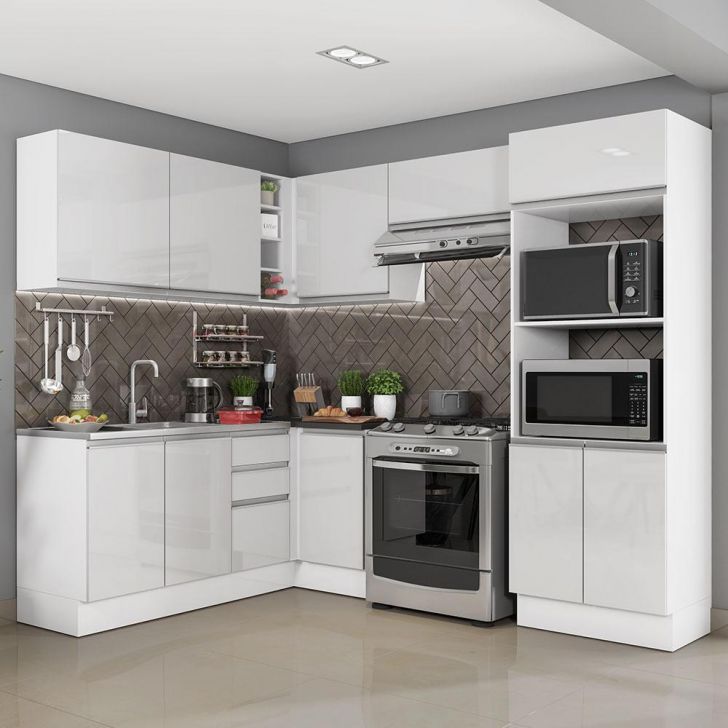 Cozinha Completa 100% MDF Madesa Smart Modulada de Canto - Frentes Branco  Brilho