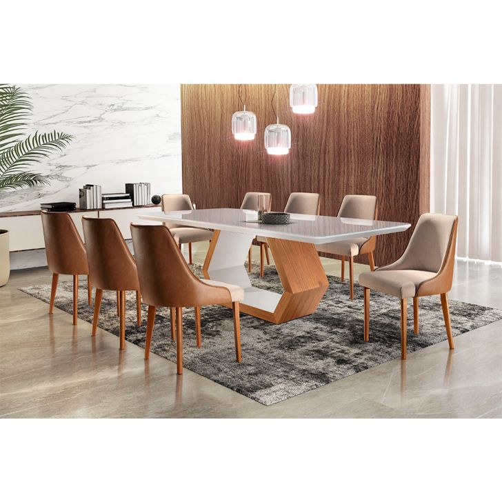 Conjunto De Mesa De Jantar Com 8 Cadeiras Belíssima Suede Liso Off White E  Bege