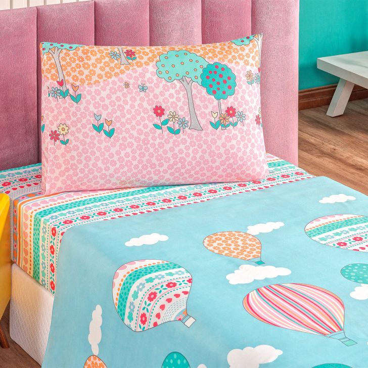 Jogo de Cama Infantil Menina Estampado Balão 3 Peças Tecido