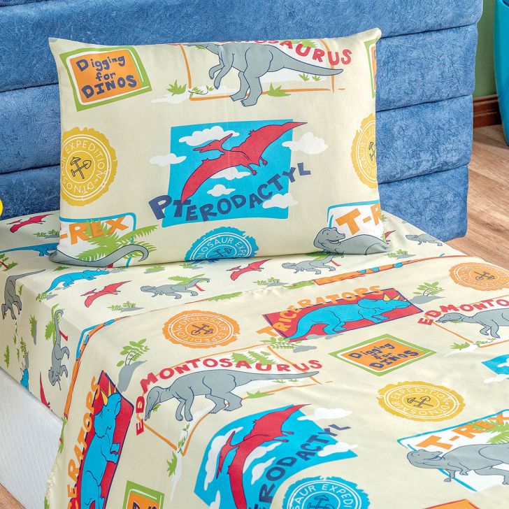 Jogo de Cama Infantil Menino Estampado Dinossauro 3 Peças Tecido Microfibra