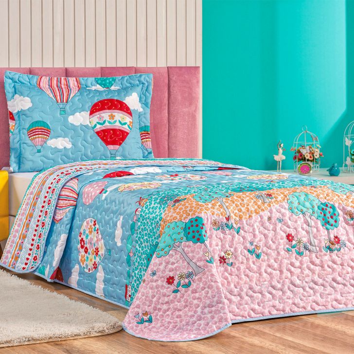 Kit Cobre Leito Infantil Menina Balão Estampado Dupla Face Tecido  Microfibra + Jogo de Cama - 5 Peças