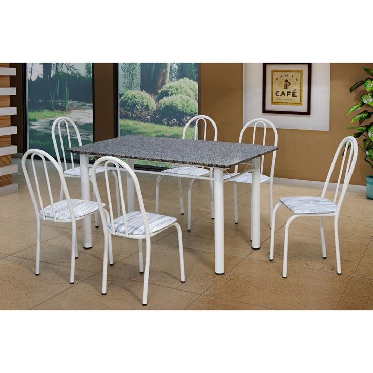 Conjunto de Mesa com 6 Cadeiras Bruna Cinza e Estampa Capitonê