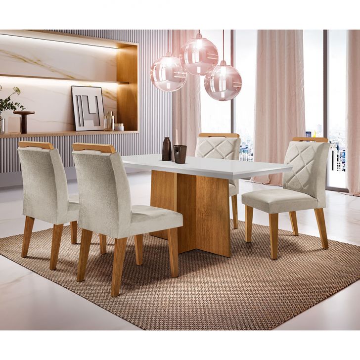 Conjunto de Mesa de Jantar Berlim II com Tampo de Vidro Off White e 4  Cadeiras Grécia Veludo Creme