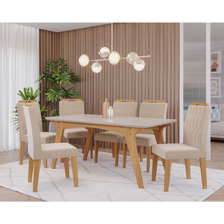 Conjunto de Mesa de Jantar Retangular com Tampo de Vidro Off White Selena e 6 Cadeiras Paola Suede Nude e Nature