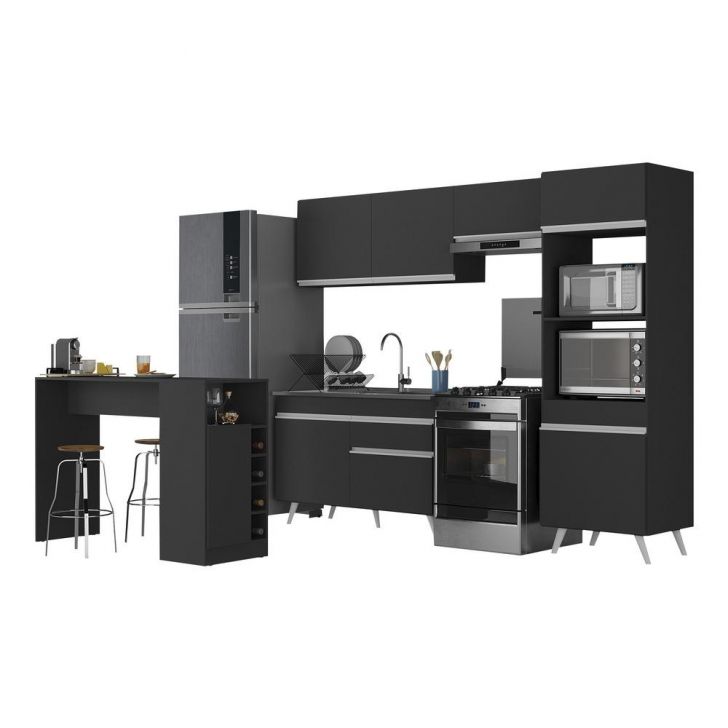 Armário de Cozinha com Bancada/Mesa Gourmet Veneza Multimóveis MP2174 Preto/Branco