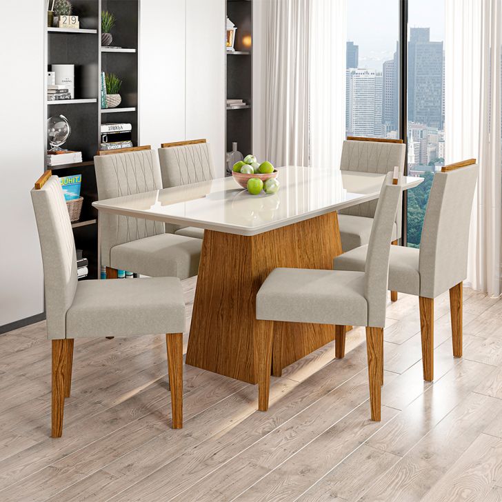 Conjunto de Mesa de Jantar Berlim II com Tampo de Vidro Off White e 4  Cadeiras Grécia Veludo Creme