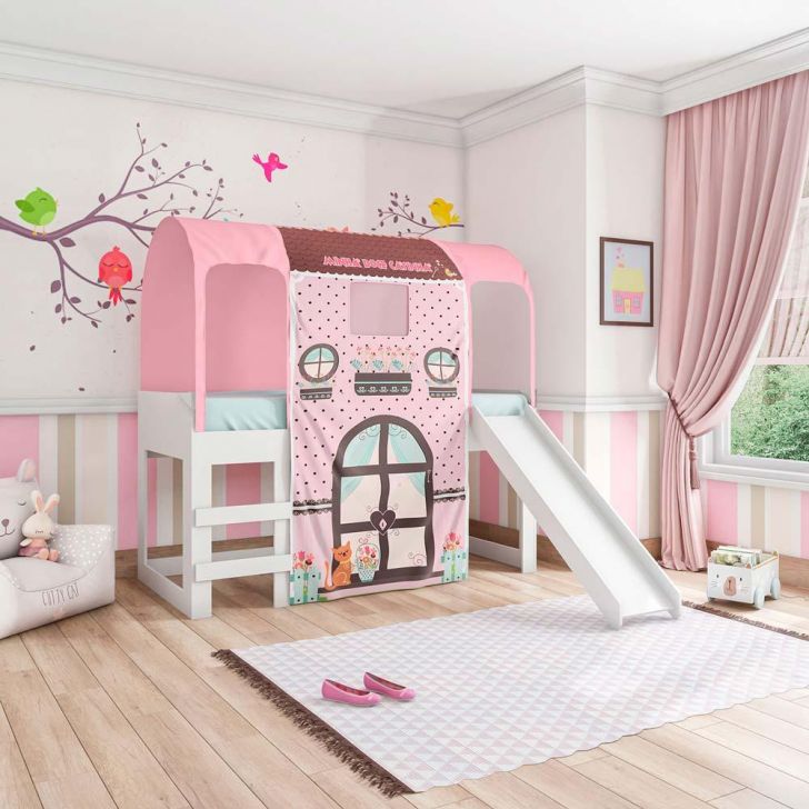 Cama Infantil com Dossel Teto Barbie Star Pura Magia Rosa - Cama