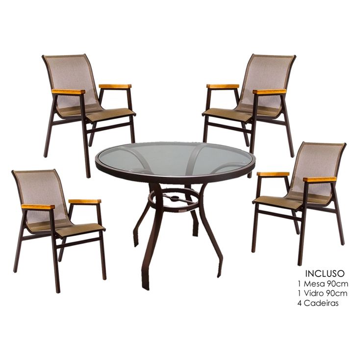Jogo de mesa com 4 cadeiras para jardim piscina e área externa, móveis de alumínio com fibra sintética, tela sling - Sarah Móveis