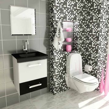 Conjunto Gabinete Vetro 43 cm 1 Gaveta 1 Porta Branco & Preto Tomdo - Gabinetes Cod: TO739CL92DZZMOB