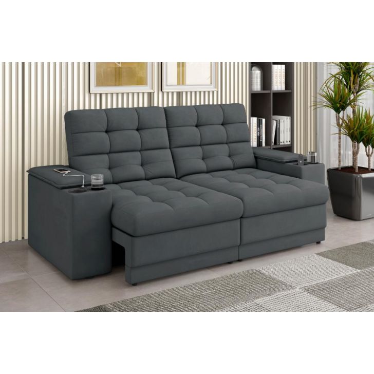 Sofá Confort Premium 1,70m Assento Retrátil/Reclinável porta copos e USB Suede Cinza - XFlex Sofas