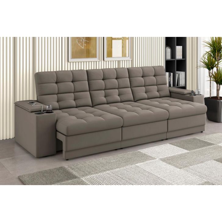 Sofá Confort Premium 2,30m Assento Retrátil/Reclinável porta copos e USB Suede Capuccino - XFlex Sofas