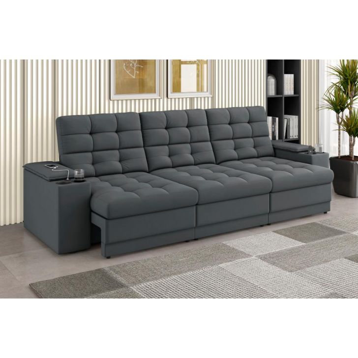 Sofá Confort Premium 2,30m Assento Retrátil/Reclinável porta copos e USB Suede Cinza - XFlex Sofas