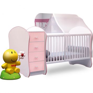 Ber&ccedil;o com C&ocirc;moda Carinhoso Baby Branco com Rosa Branco - Zanzini Cod: PB237BE54ZNH