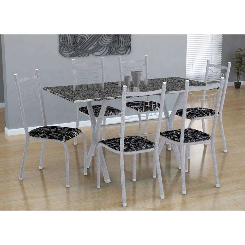 Conjunto De Mesa Miami Cadeiras Lisboa Branco Prata E Preto Floral