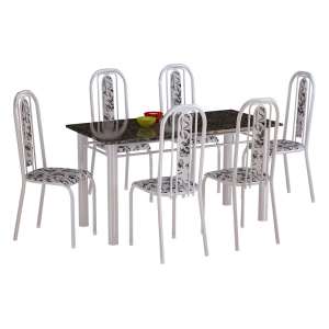 Conjunto de Mesa com 6 Cadeiras Bruna Cinza e Estampa Capitonê