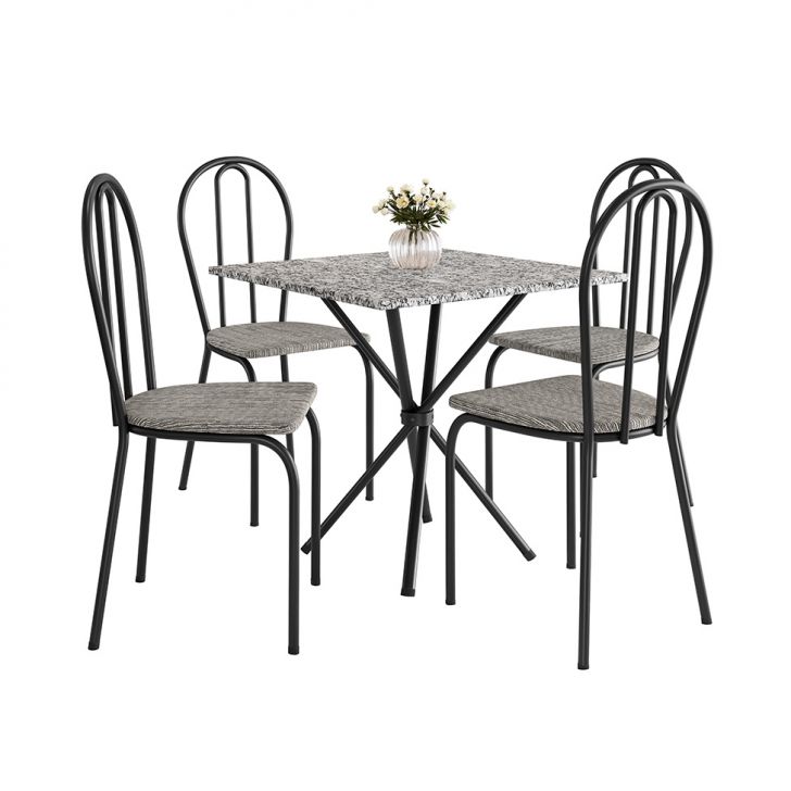 Conjunto de Mesa Quadrada com Tampo Granito e 4 Cadeiras Léia Revestimento Sintético Preto e Grafiato