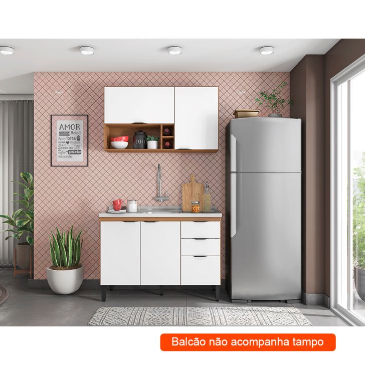 Cozinha Compacta Firenze I 5 Portas 2 Gavetas Amêndola e Branca