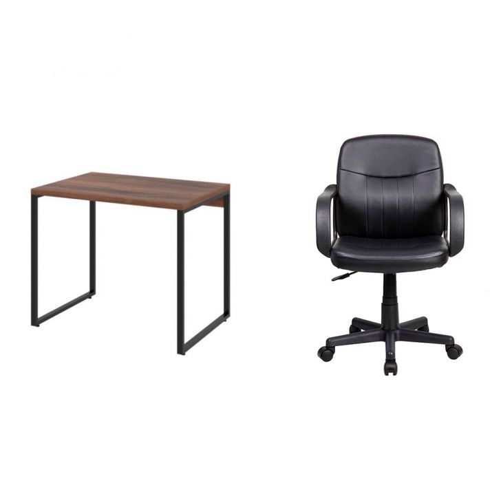 Conjunto de Mesa Kuadra Nogal com Cadeira de Escritório Secretária Giratória Clean Preta