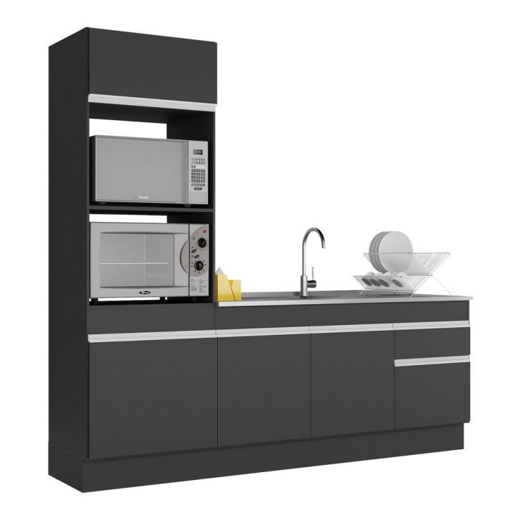 Armário de Cozinha Compacta 212cm com Rodapé Veneza Multimóveis V2113 Preto/Branco