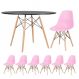 Mesa redonda Eames 120 cm + 6 cadeiras Eiffel DSW Mesa preto com cadeiras rosa claro