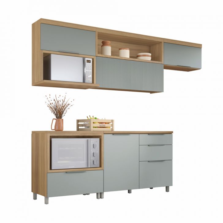 Cozinha Compacta com Nicho para Microondas Marquesa 100% MDF 4 Portas 4 Gavetas Verde e Nature
