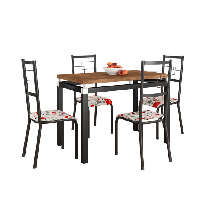 Conjunto De Mesa Retangular Com Tampo De Mdp Marrom Copenhague E 4 Cadeiras Monterrey Revestimento Sintético Branco E Preto