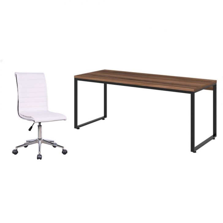 Conjunto de Mesa Kuadra Nogal e Preta com Cadeira de Escritório Secretária Giratória Marilyn Branca