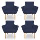 Kit 4 Poltronas Decorativa Leticia Suede Azul Marinho Pés Palito Castanho - Pallazio