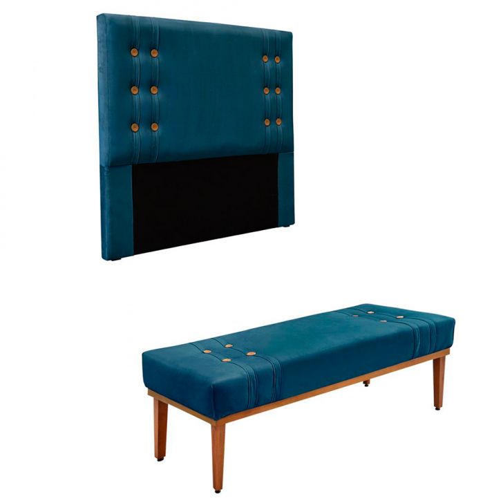 Conjunto de Cabeceira Casal com Recamier Gênova Veludo Azul Marinho