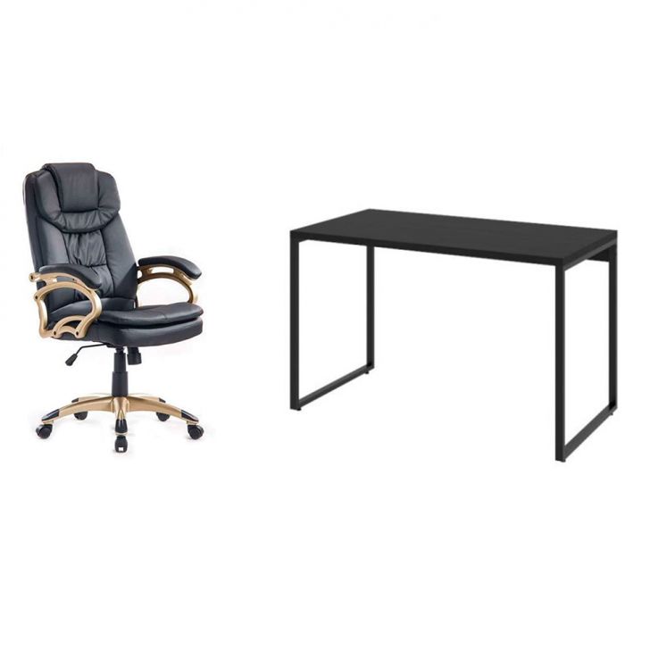 Conjunto de Mesa Kuadra 120 cm com Cadeira de Escritório Presidente Giratória com Relax Clark Preta e Dourada