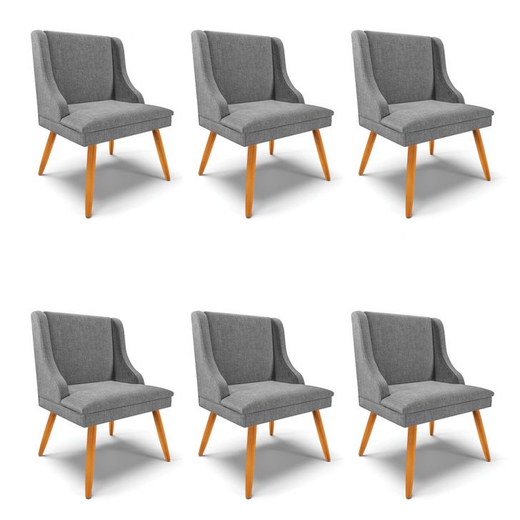 Kit 06 Cadeiras de Jantar Liz Linho Grafite A26 Pés Palito Castanho - D'Rossi