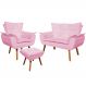 Conjunto Poltrona Puff e Namoradeira Pés Palito Charger Suede Rosa G19 - Gran Belo