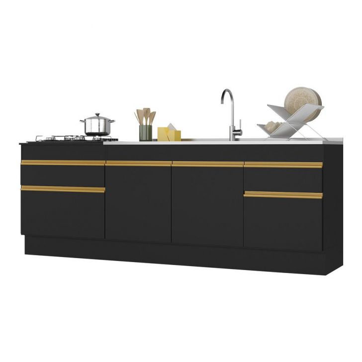 Kit com 2 Balcões de Cozinha 150cm e 70cm com Rodapé Veneza Multimóveis V2108 Preto/Dourado