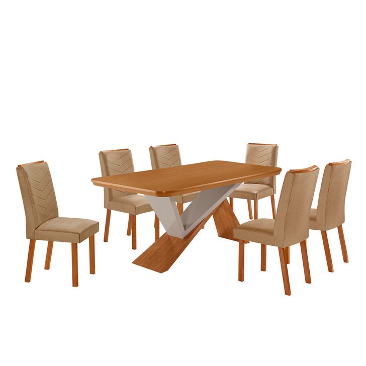 Conjunto De Mesa Retangular Com Tampo Mdf Ayla E 6 Cadeiras Turquesa Linho Bege E Amadeirado 180 Cm