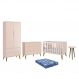 Dormitório Theo 2 Portas, Cômoda 6 Gavetas, Berço, Mesa de Canto Rosa Fosco com Pés Amadeirado e Colchão - Reller Móveis