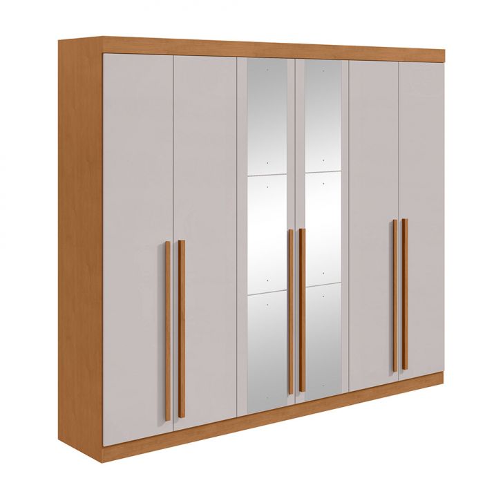 Guarda-roupa Casal Com Espelho Bertha 6 Portas 4 Gavetas Amêndoa Clean E Off White