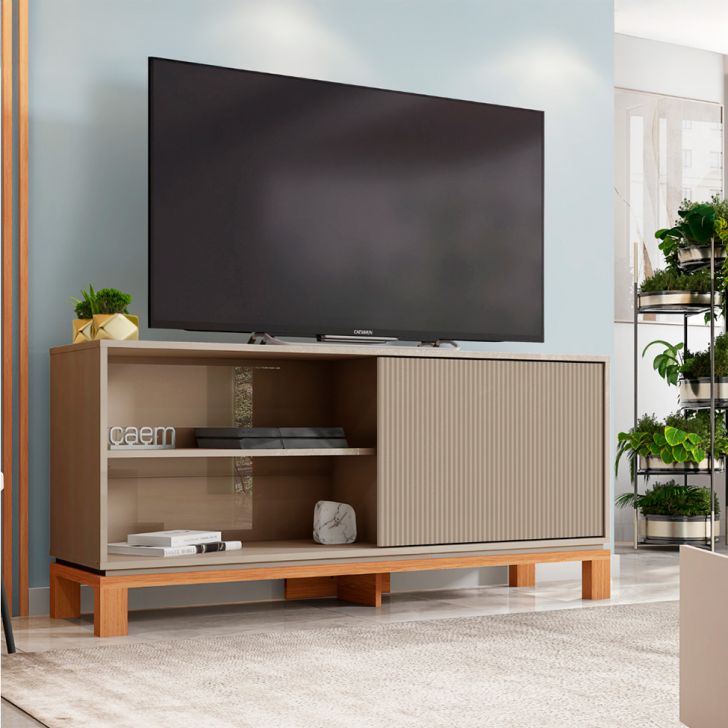 Rack Ripado para TV até 65 Polegadas Mondrian 1 Porta Capuccino e Freijó