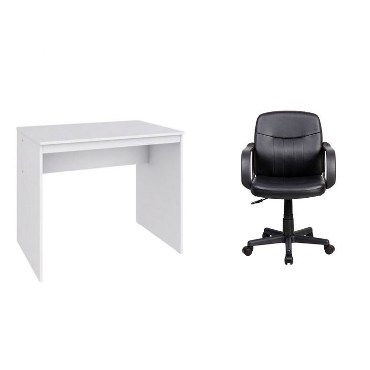 Conjunto de Mesa Office Branca com Cadeira de Escritório Secretária Giratória Clean Preta