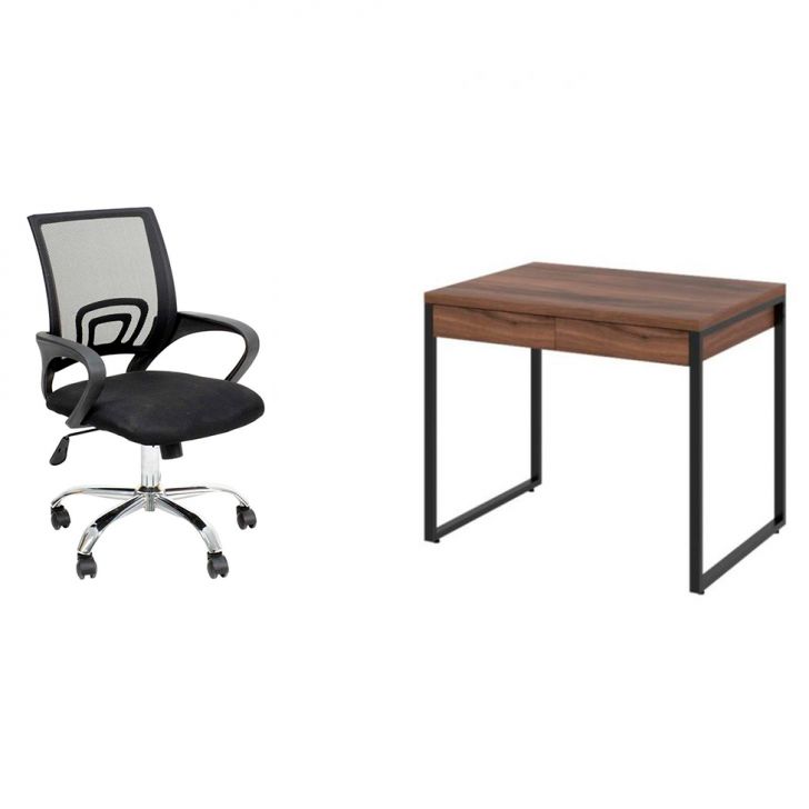 Conjunto de Mesa Studio Kuadra 2 GV Nogal com Cadeira de Escritório Secretária Giratória New Java Preta