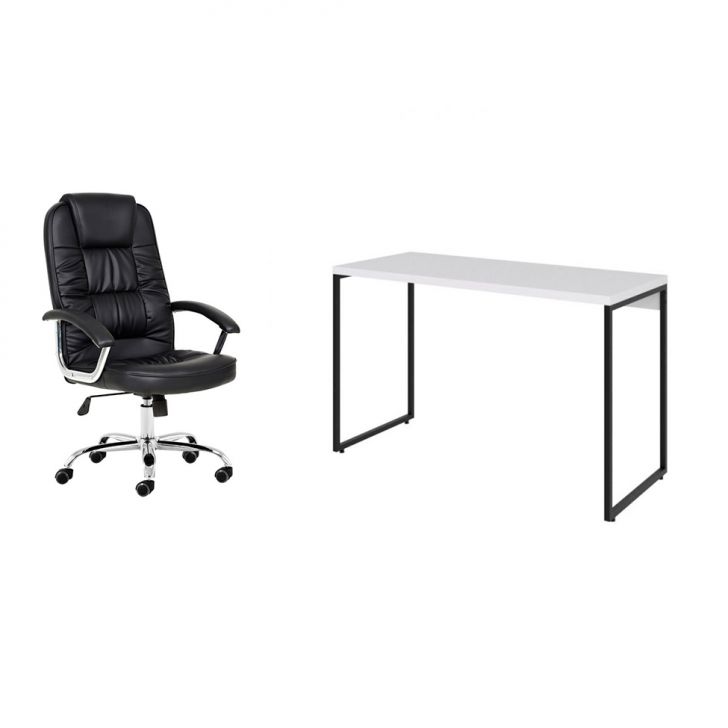 Conjunto de Mesa Studio Branca 120 cm com Cadeira de Escritório Presidente Giratória com Relax Finland Preta