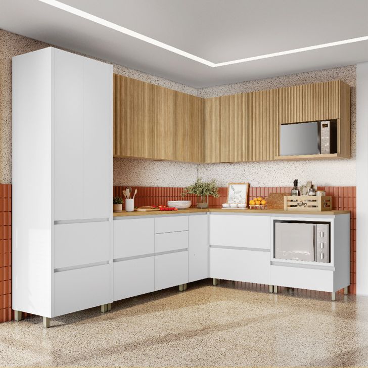 Cozinha Completa Rainha 100% MDF 12 Portas 8 Gavetas Branca e Nature